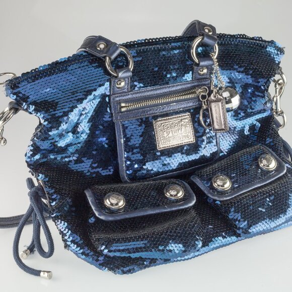 Coach Poppy Blue Sequin Spotlight Purse w/ Disco Ball Bag Charm XL - Picture 2 of 9